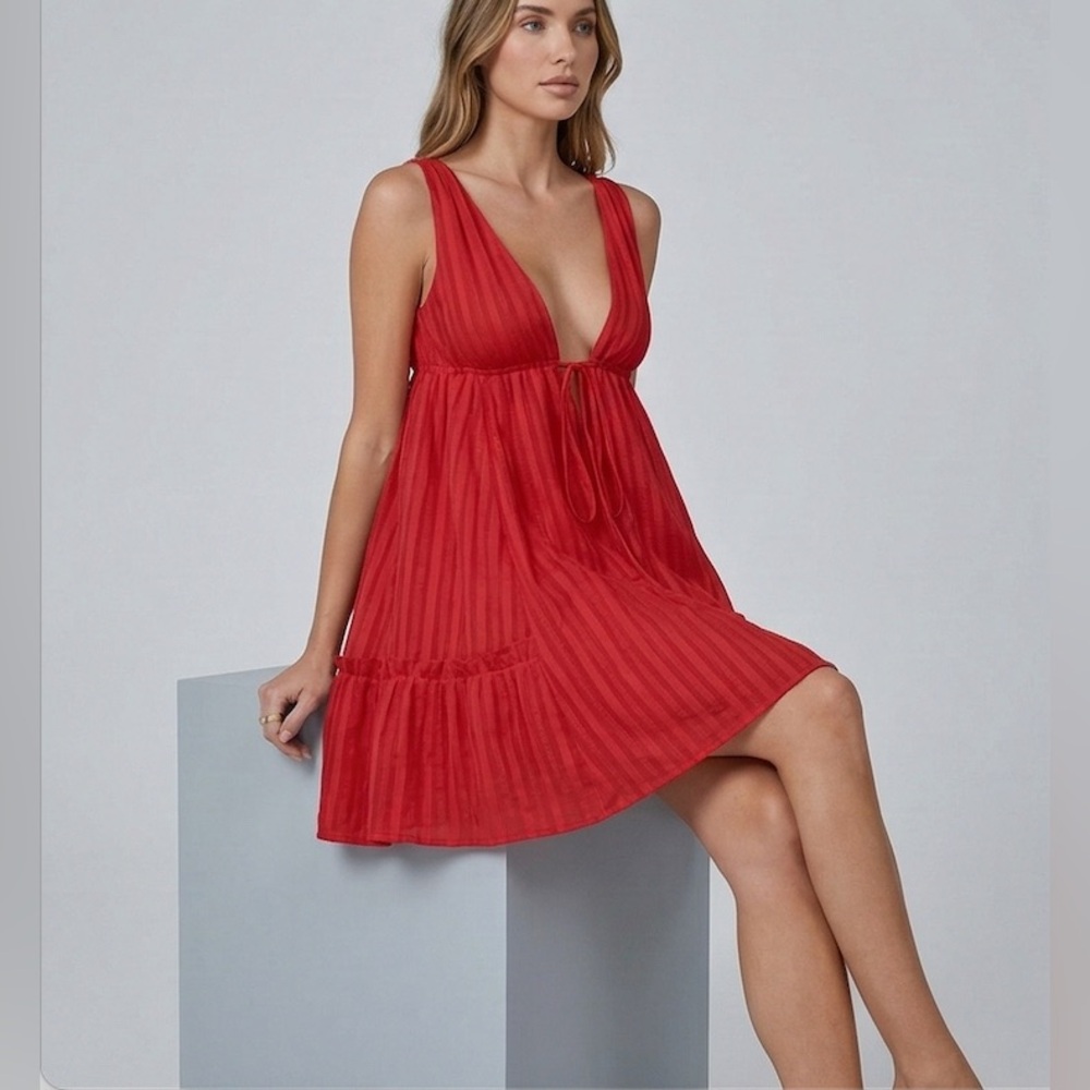 Ethereal 100% Cotton Deep V-Neck Babydoll Mini Dress Red - Picture 3 of 8